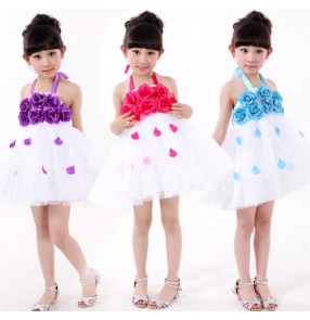 Purple violet turquoise blue red hot pink rose flowers girls kids children performance school play flower girls jazz dance costumes outfits dresses
